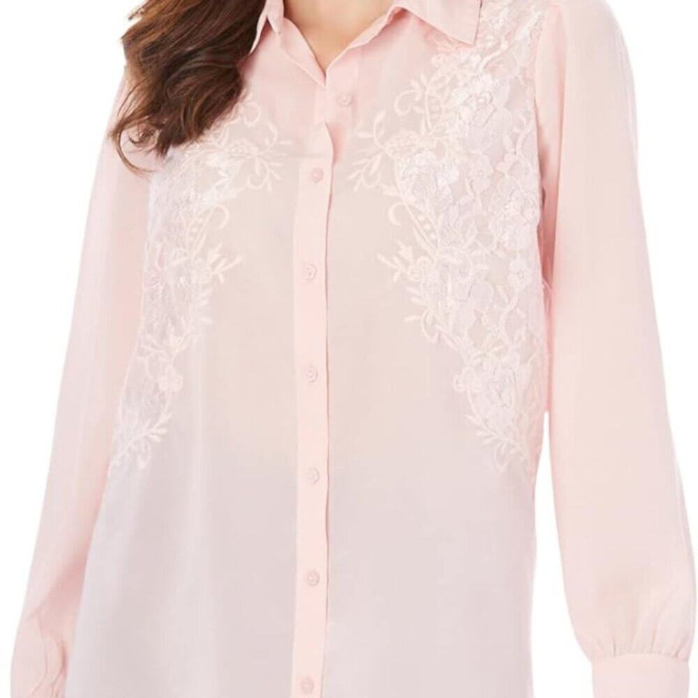 Coquette Button Up Blouse 16W XL Powder Pink Chiffon Cottagecore Lace Embroidery